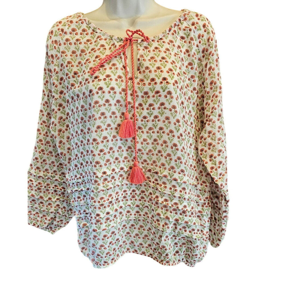 ROBERTA ROLLER RABBIT S cottagecore Cotton Split Neck tassle Tunic Top EUC boho